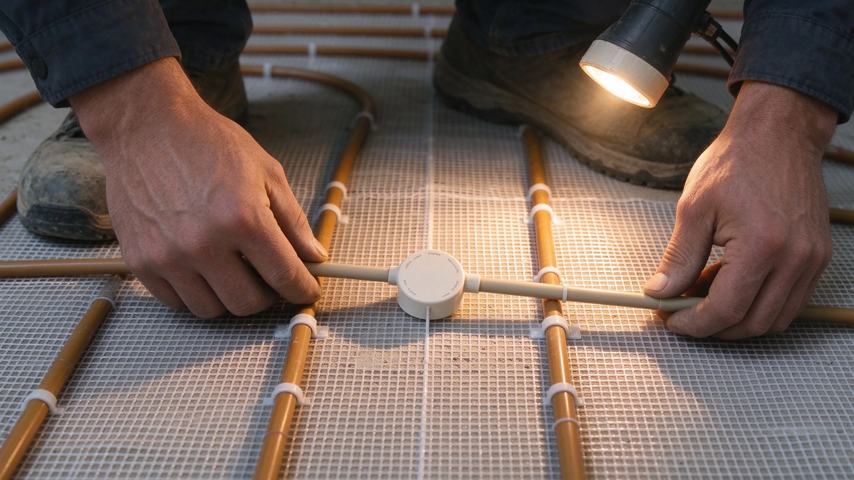 Temperatursensor zwischen zwei Heizkabelbahnen auf dem Trägernetz der Heizmatte