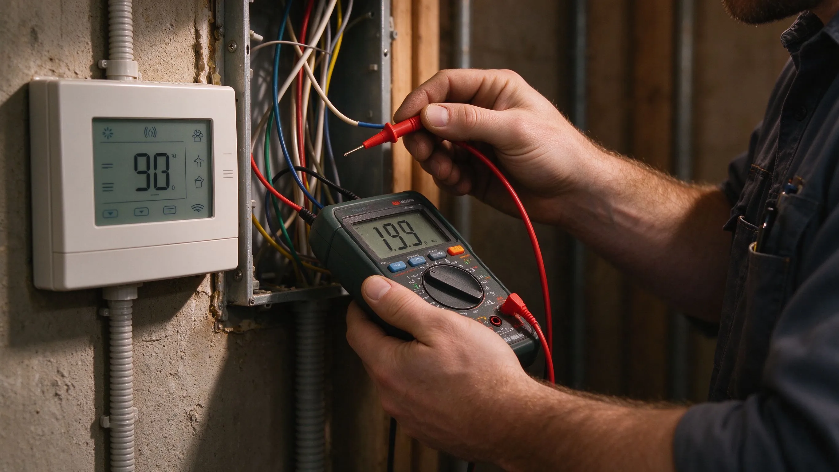 Techniker hält ein digitales Multimeter und prüft den Widerstand an Heizkabeladern nahe einem wandmontierten smarten Thermostat