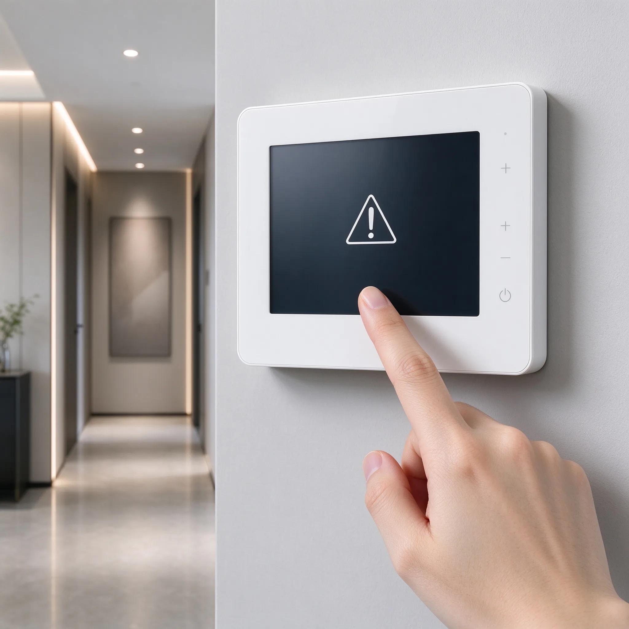 Finger berührt den Bildschirm eines weißen smarten Thermostaten mit einem Warnsymbol