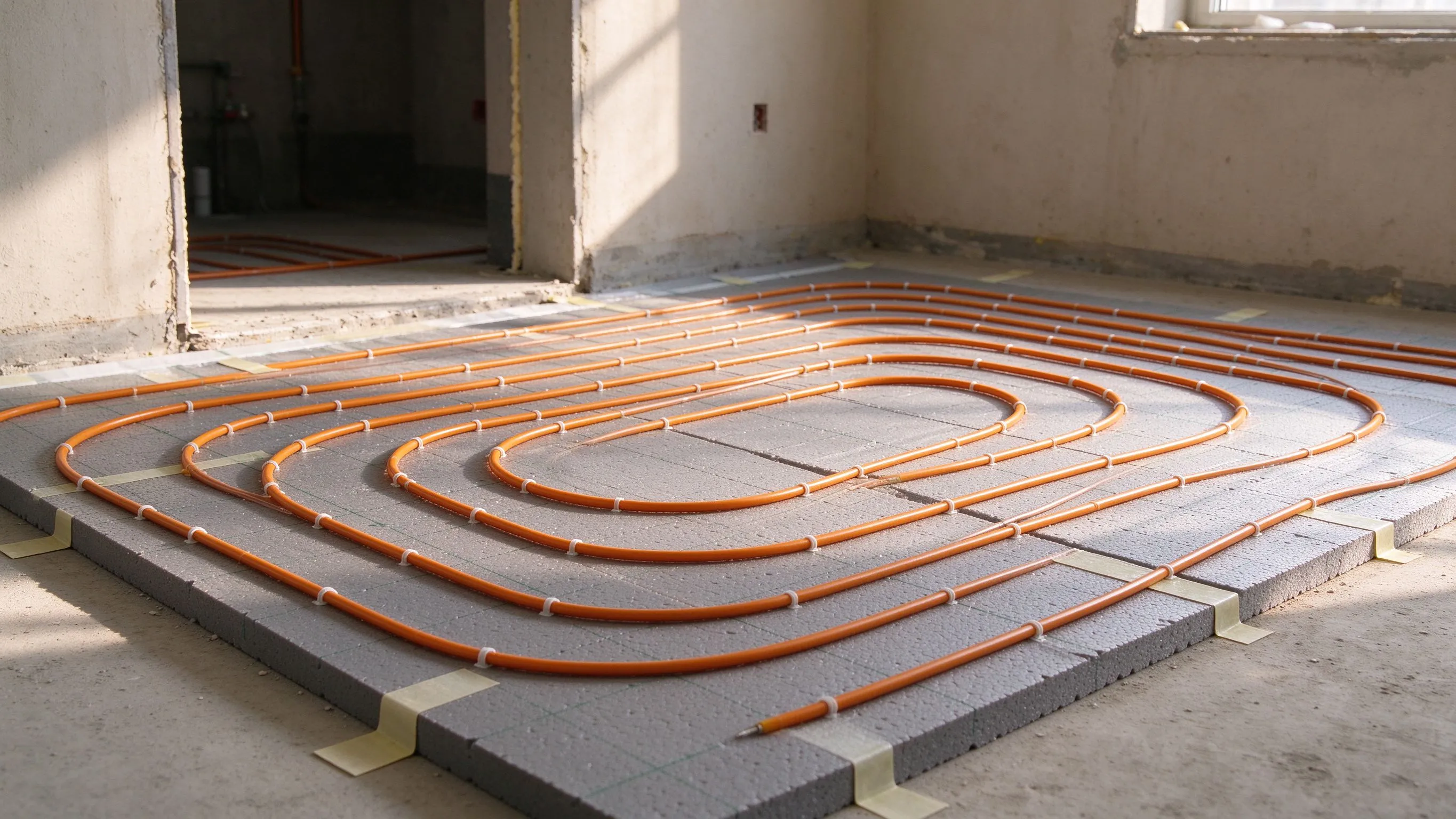 Orange Heizkabel in gleichmäßigen Schleifen auf einer grauen Dämmplatte auf Rohbeton in einem renovierungsbedürftigen Raum