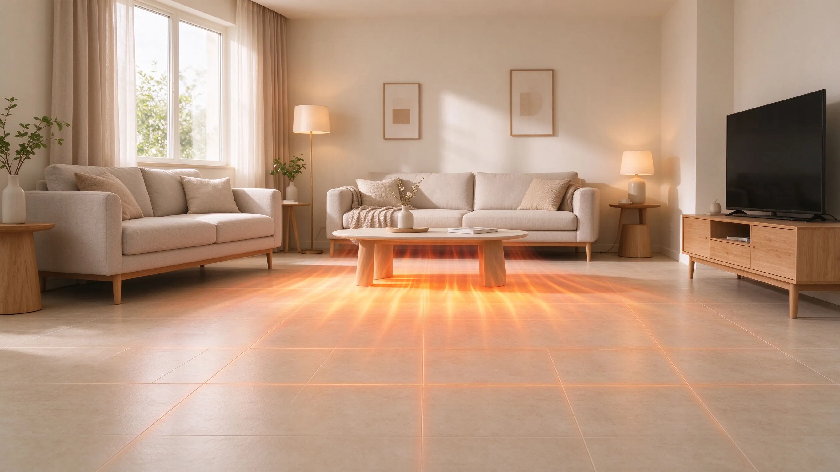 Wohnliches modernes Wohnzimmer mit warmem gefliestem Boden und sanfter Infrarot-Wärmestrahlung