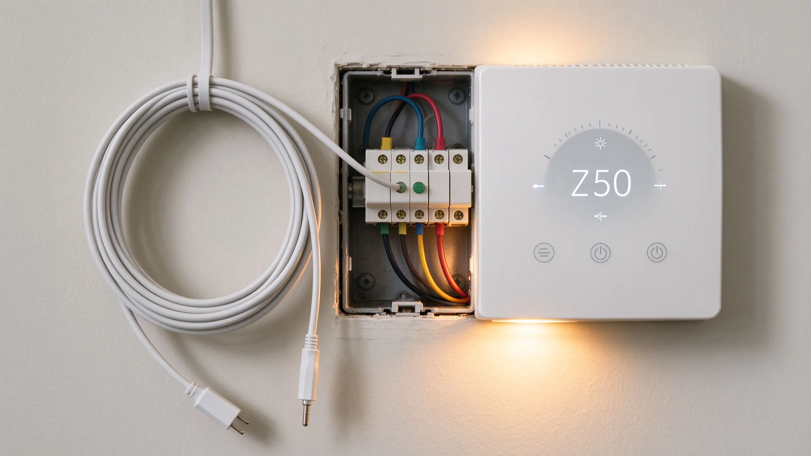 Bodentemperaturfühler-Kabel und Verdrahtung an einem weißen smarten Wandthermostaten