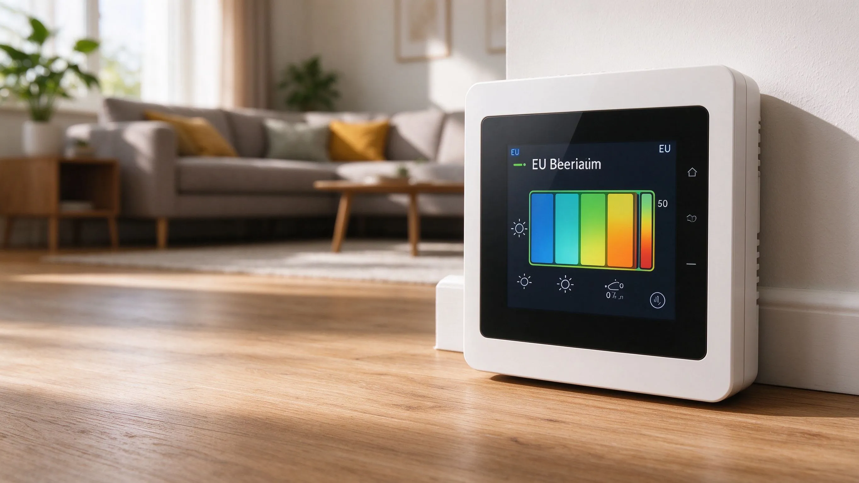 Digitales Thermostat auf Holzboden mit Energieeffizienzanzeige