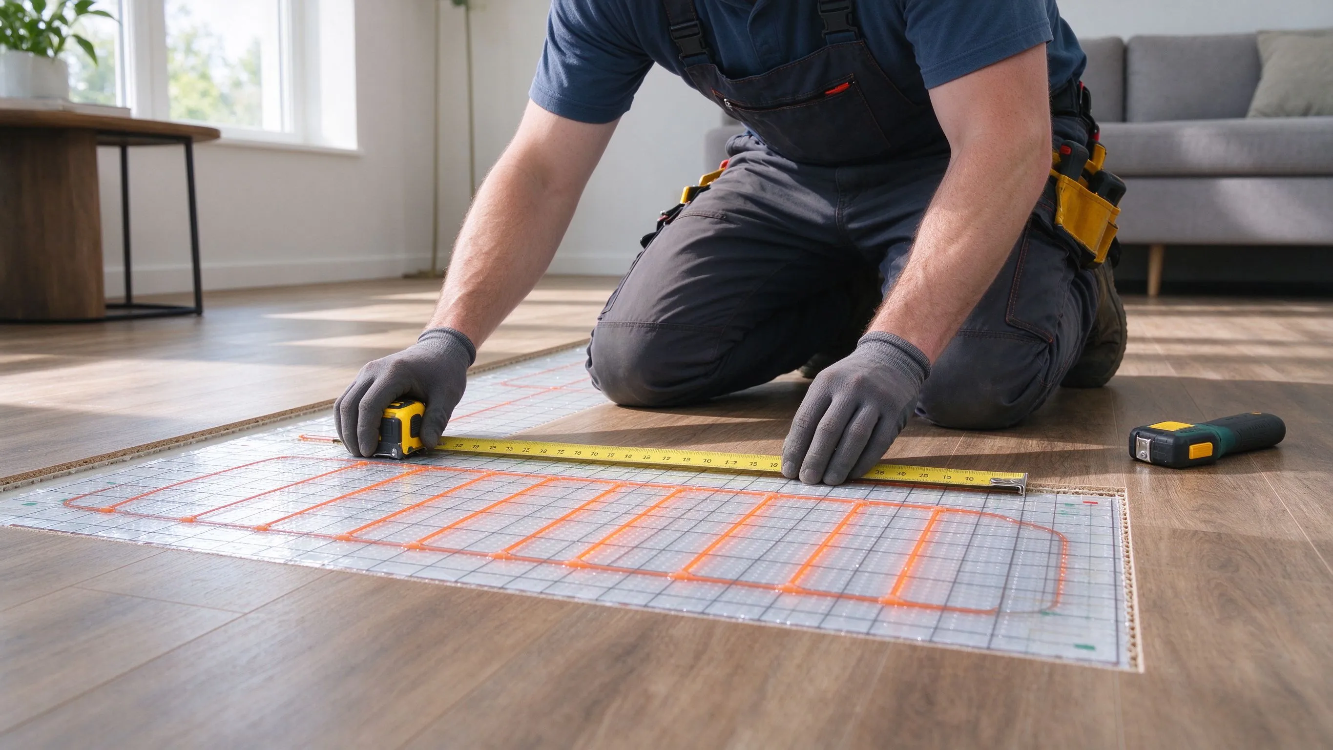 Installateur verlegt eine elektrische Heizmatte unter Laminatboden