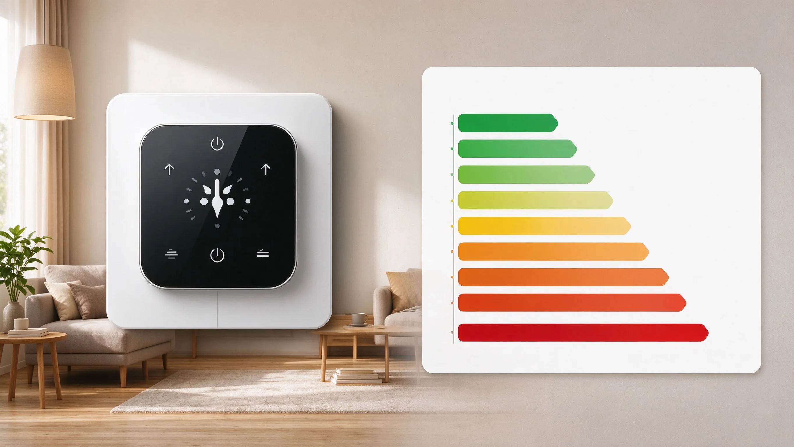 Wandthermostat neben einer stilisierten Energieeffizienz-Skala