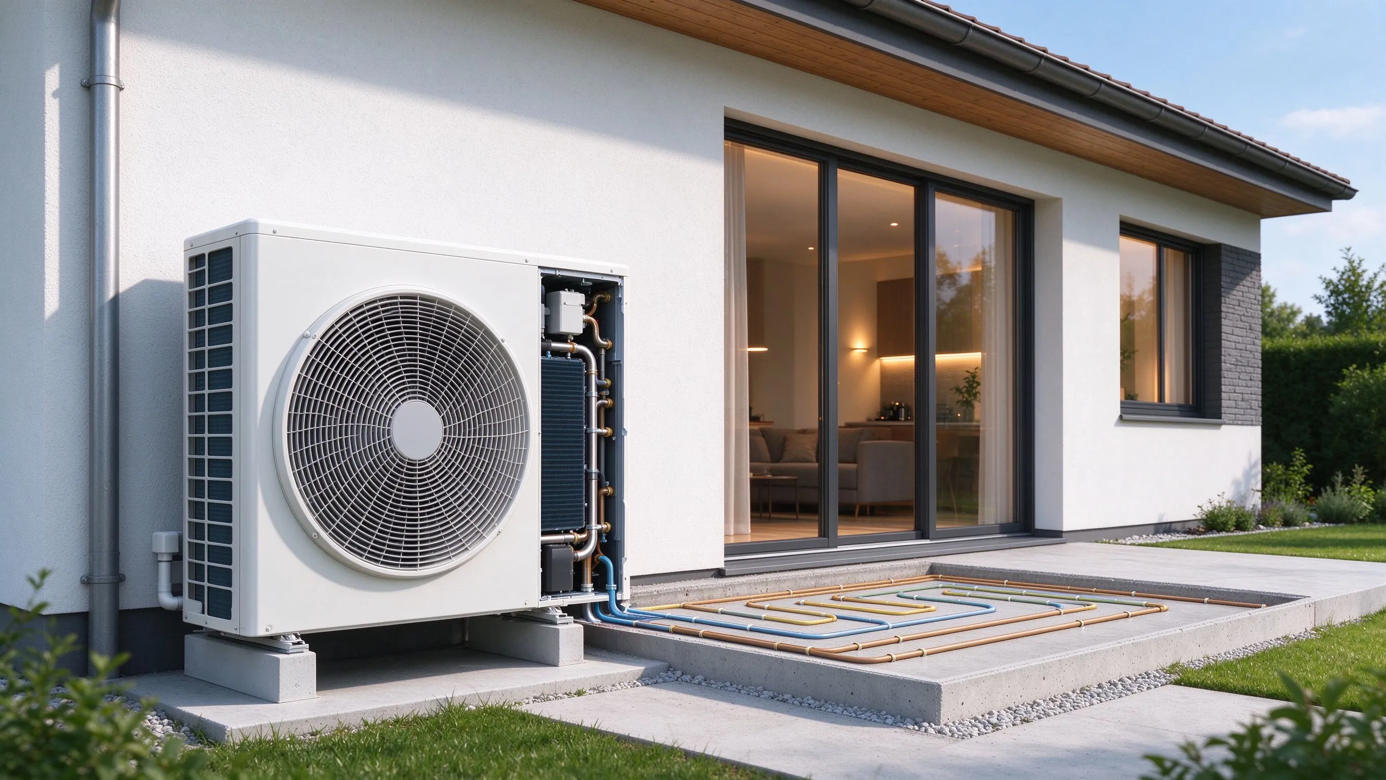 Außenaufstellung einer Luft-Wasser-Wärmepumpe an einem modernen Wohnhaus