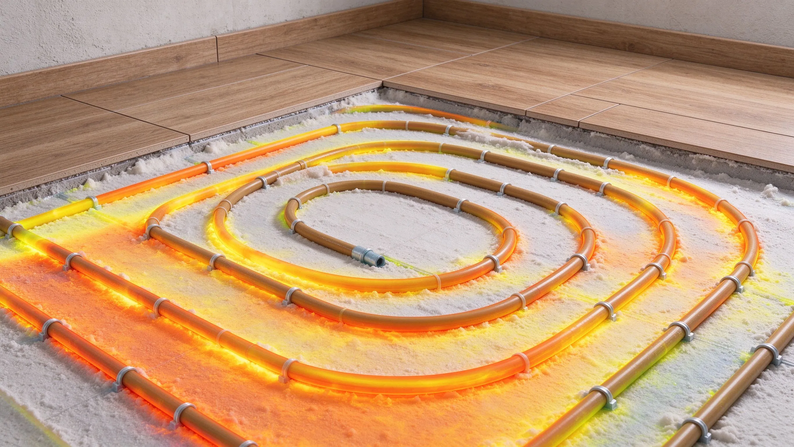 Querschnitt durch eine Fußbodenheizung mit thermischer Farbgebung zur Visualisierung der Wärmeverteilung