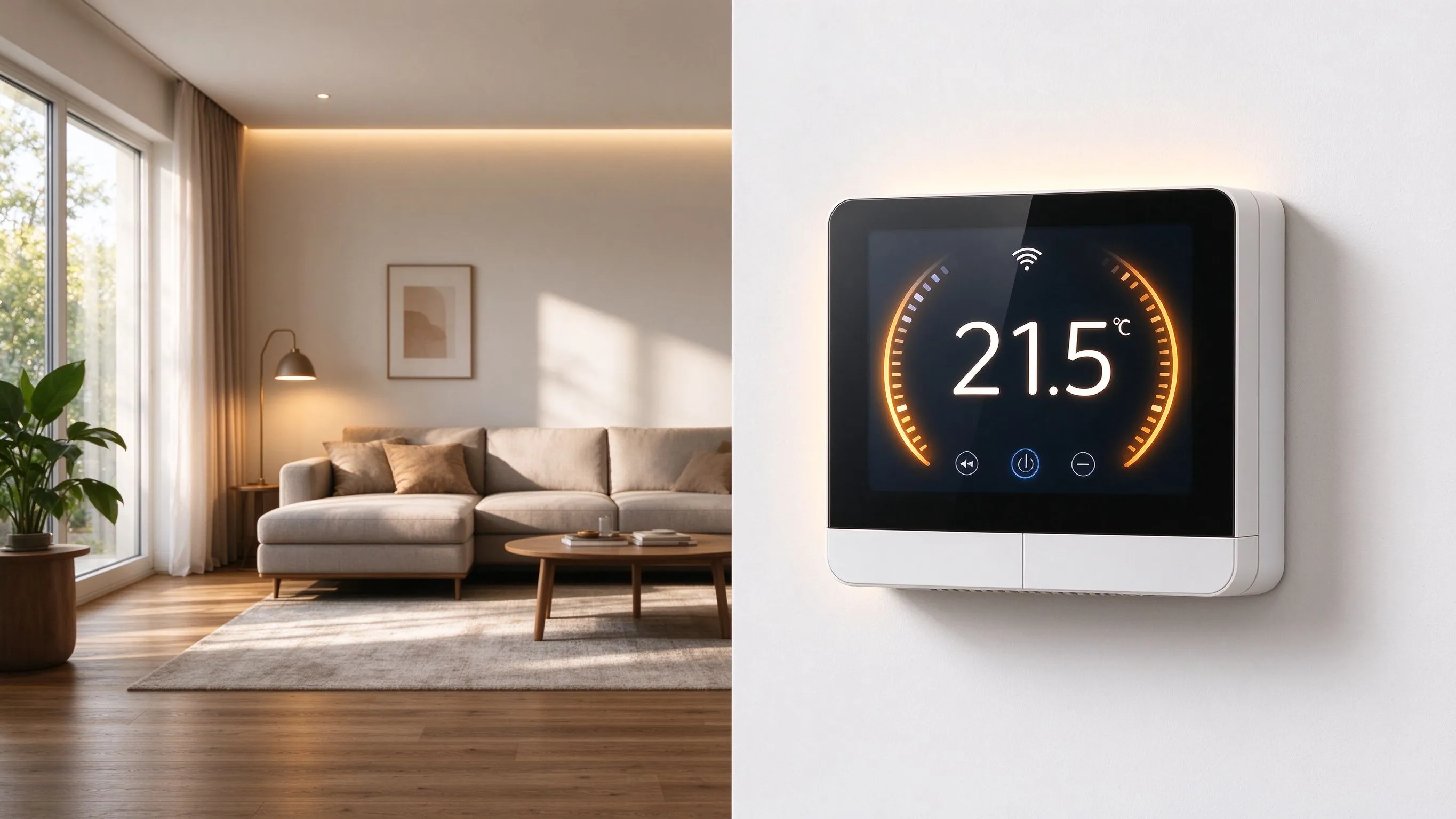 Modernes WiFi-Thermostat mit Touchscreen in einem modernen Wohnraum