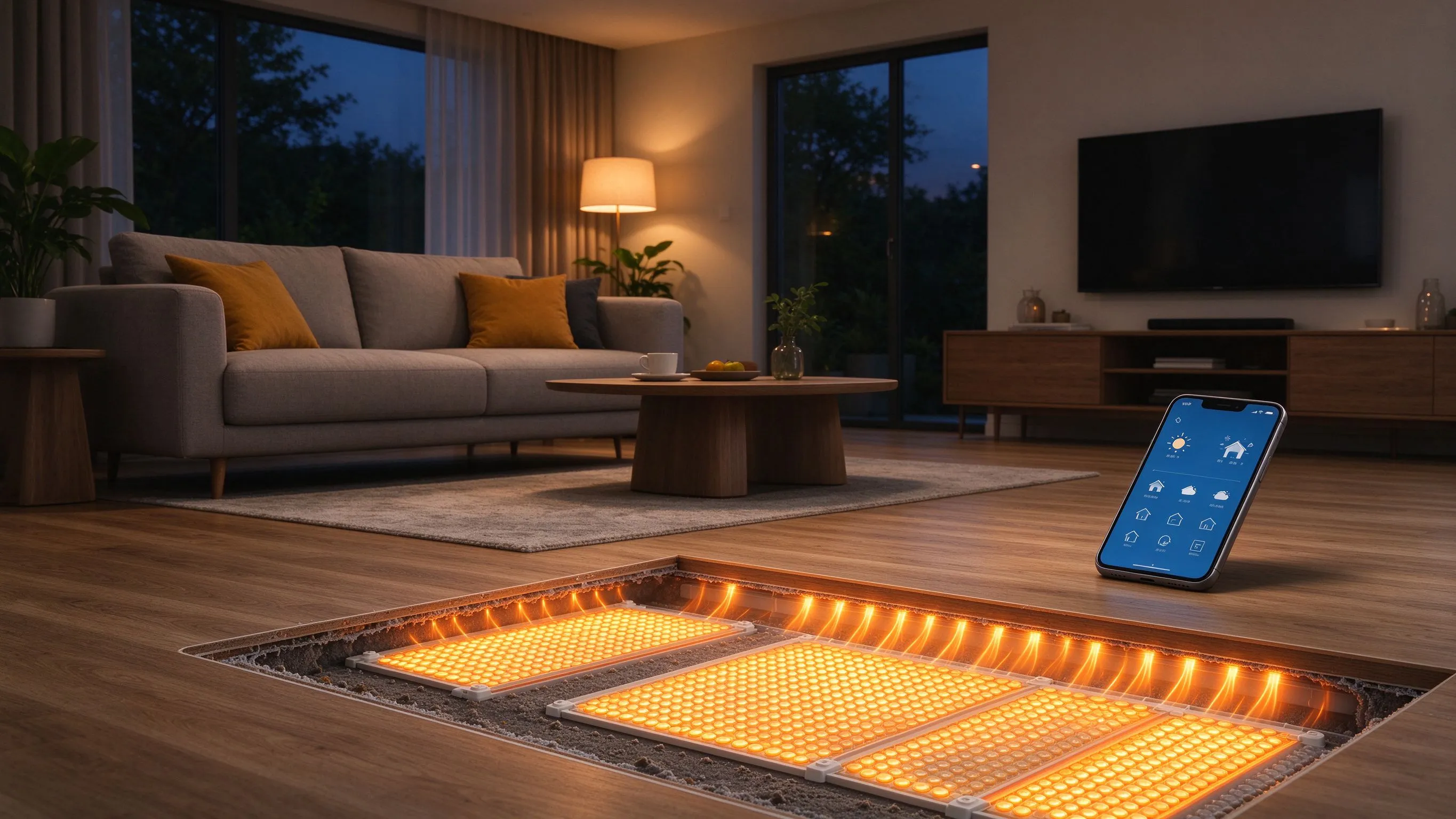 Smart-Home-Szene mit Fußbodenheizung und Smartphone-Steuerung