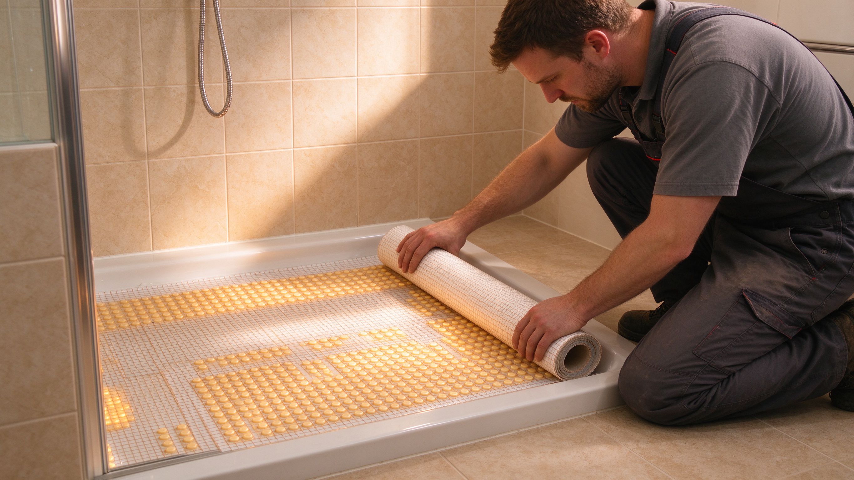 Electric underfloor heating cost UK: installer unrolling a heating mat before tiling