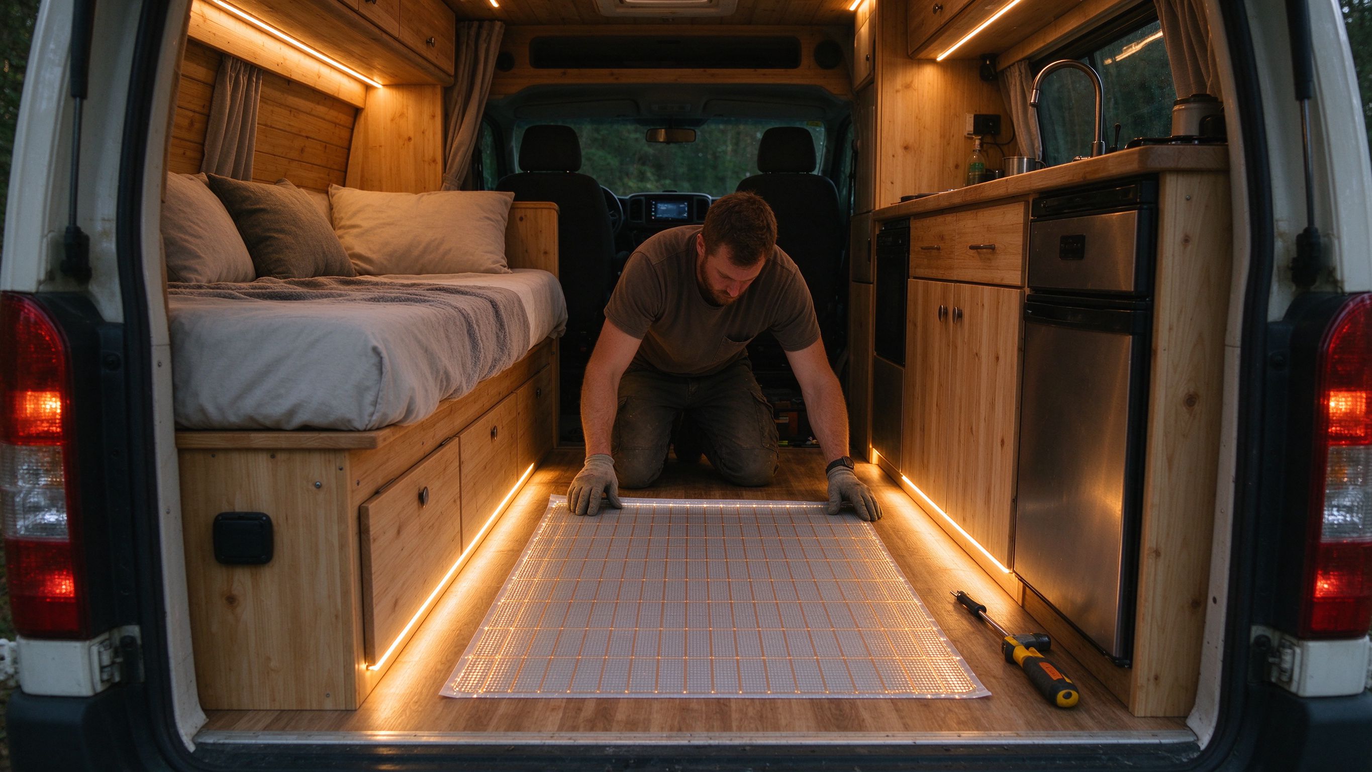 Instalación de película calefactora de corriente continua en autocaravana
