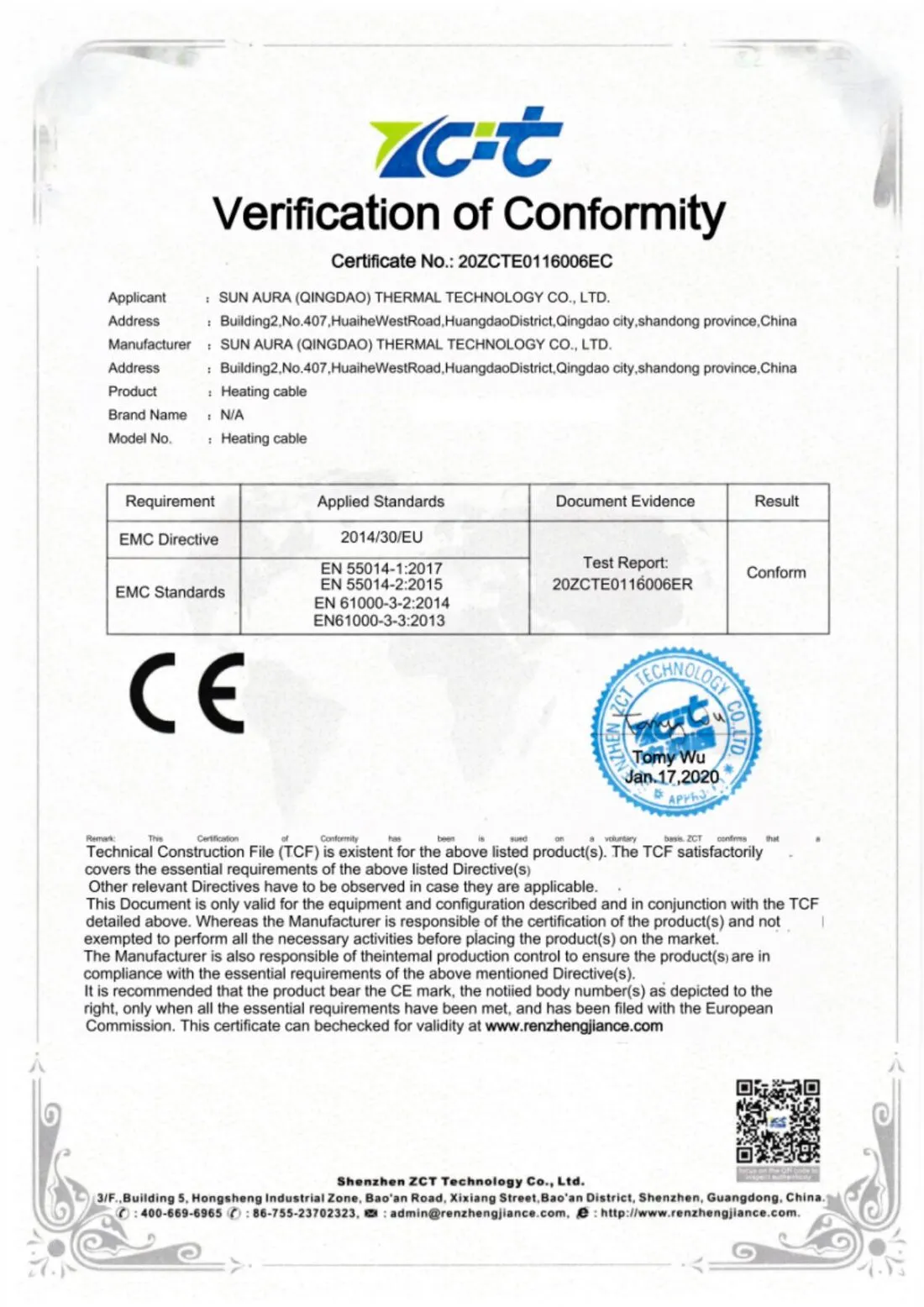 Heating Cable — Conformity Set — SunAura Thermal certificate
