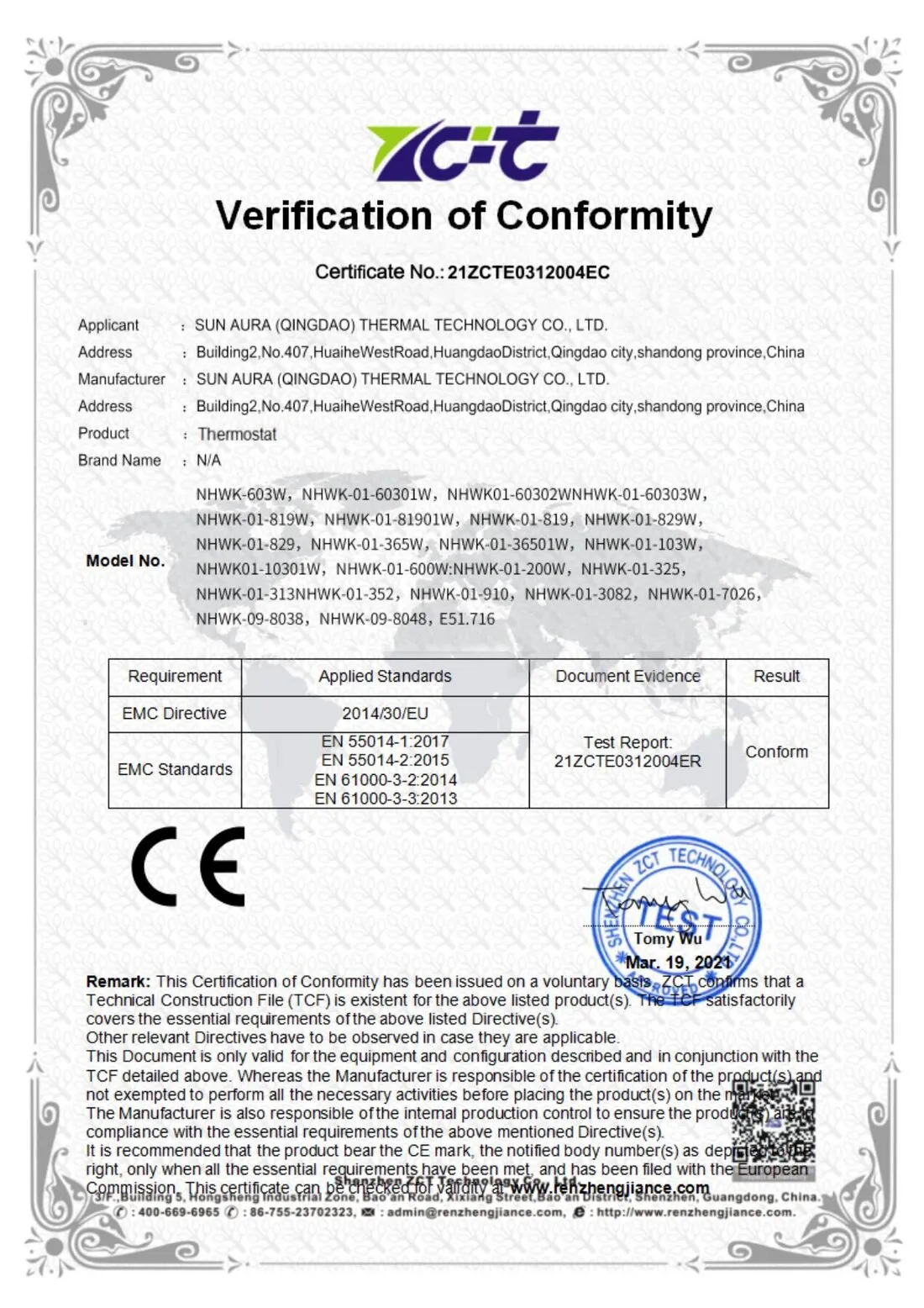Thermostat — EMC Conformity — SunAura Thermal certificate