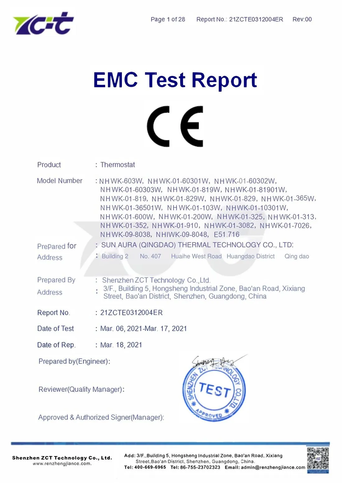Thermostat — Full EMC Test Report — SunAura Thermal certificate