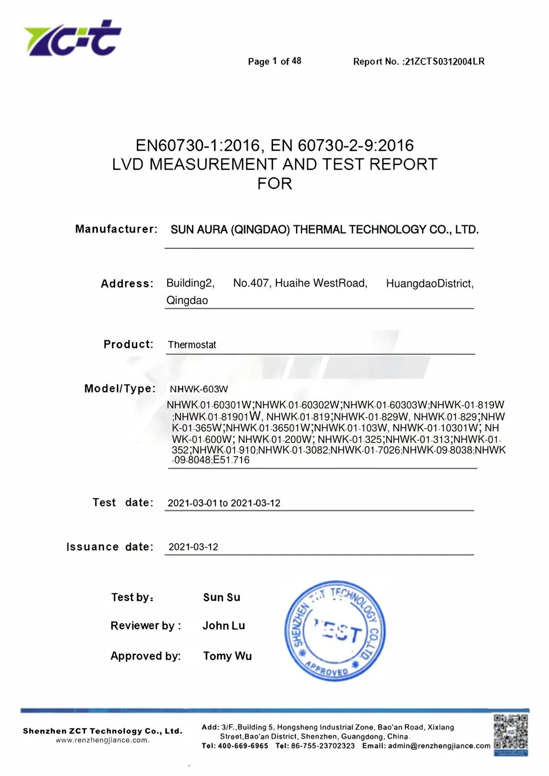 Thermostat — Full LVD Test Report — SunAura Thermal certificate