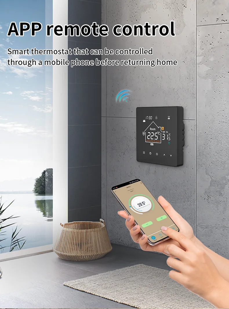 Wall-mounted black glass thermostat controlled remotely through a smartphone app