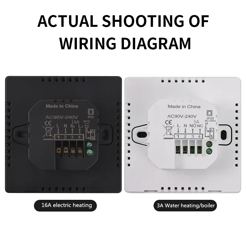 Backplate wiring of the thermostat: 16A electric-heating version and 3A water-heating and boiler version