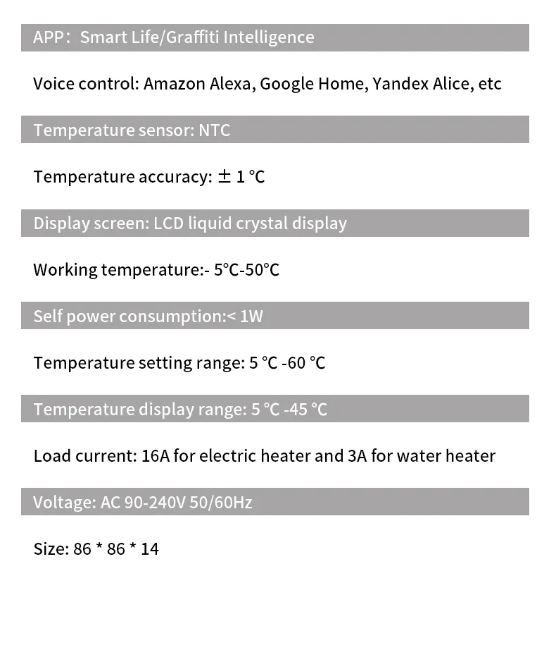 Full specification list of the touch WiFi thermostat: NTC sensor, plus/minus one degree accuracy, 5 to 60 degree setting, 16A and 3A load, AC 90 to 240V
