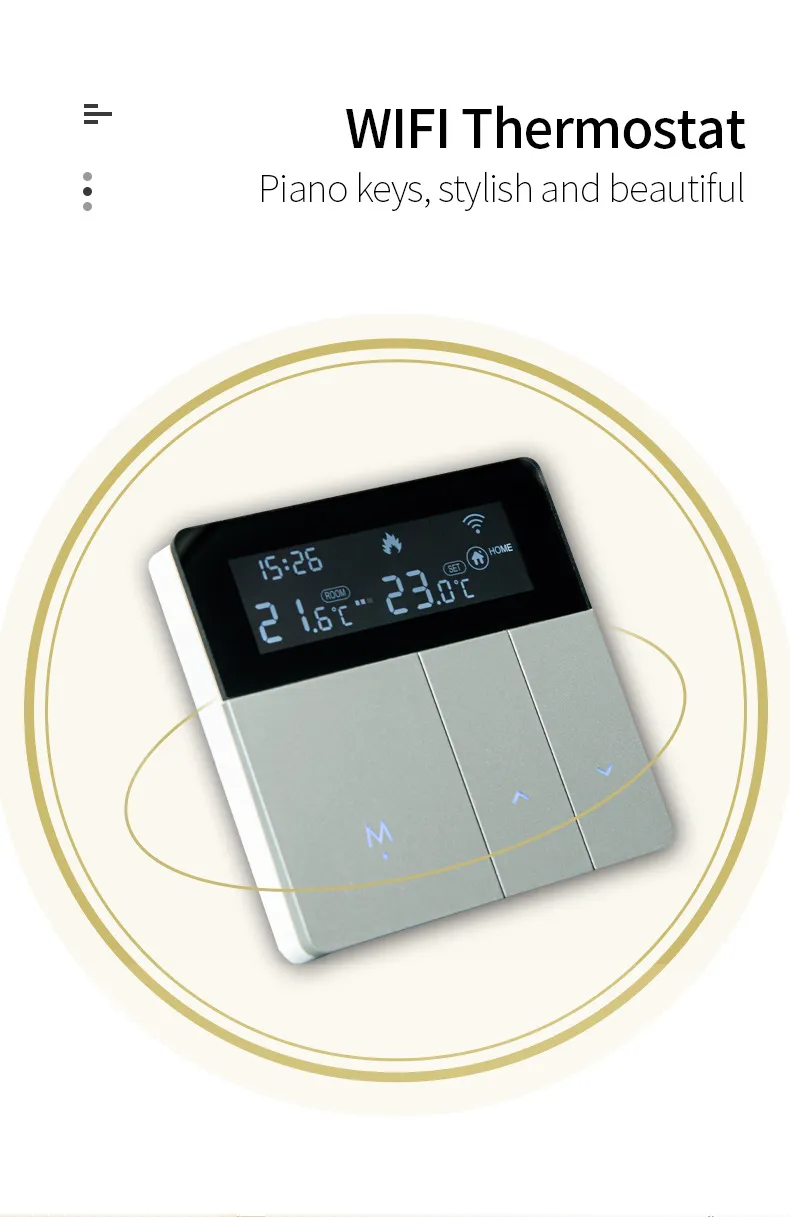 WiFi thermostat in a champagne finish with three stylish piano-style physical buttons and a black LCD strip