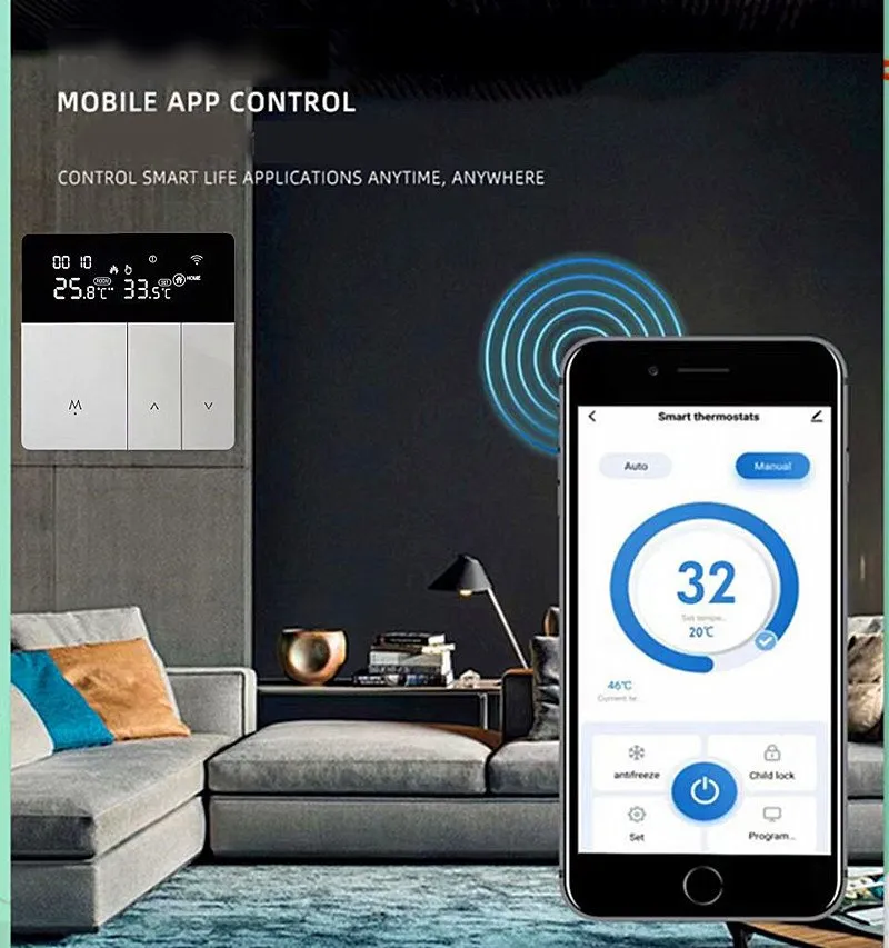 Mobile app interface in English offering Auto and Manual modes with antifreeze, child lock and program settings