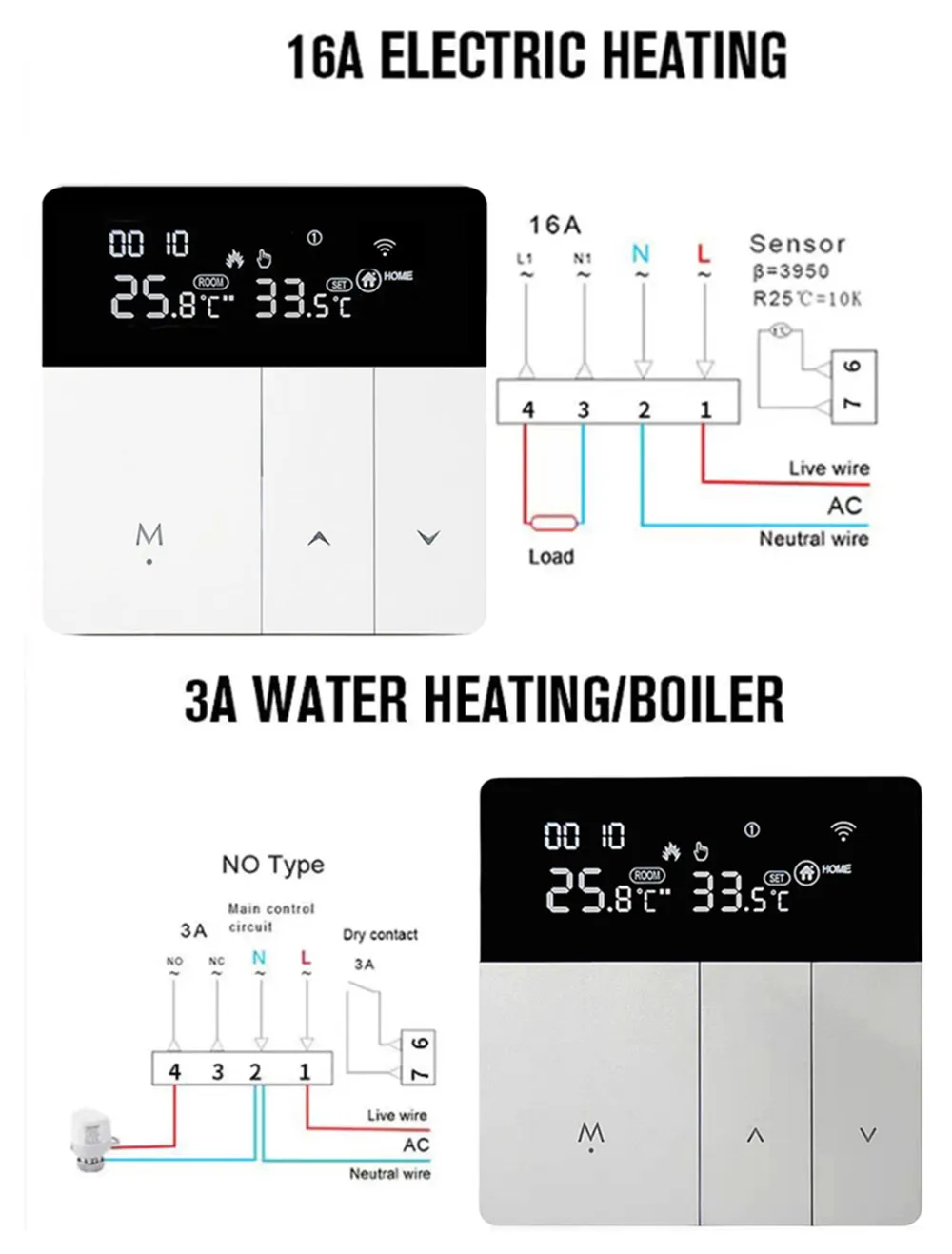 Wiring diagrams for 16A electric heating load and 3A water-heating or boiler dry-contact control, with external sensor terminals