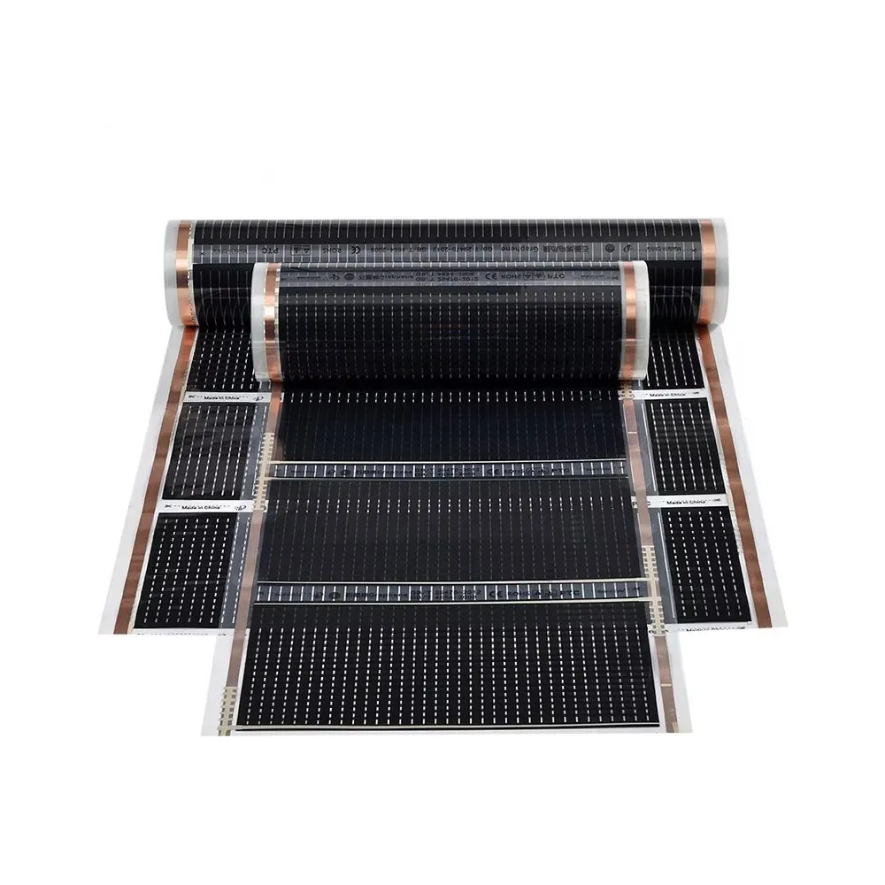 SunAura graphene heating film installed under a floating laminate floor in a residential living room