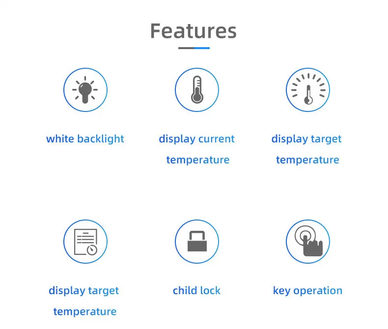 SunAura K1 thermostat features — backlight, temperature display, child lock, key operation