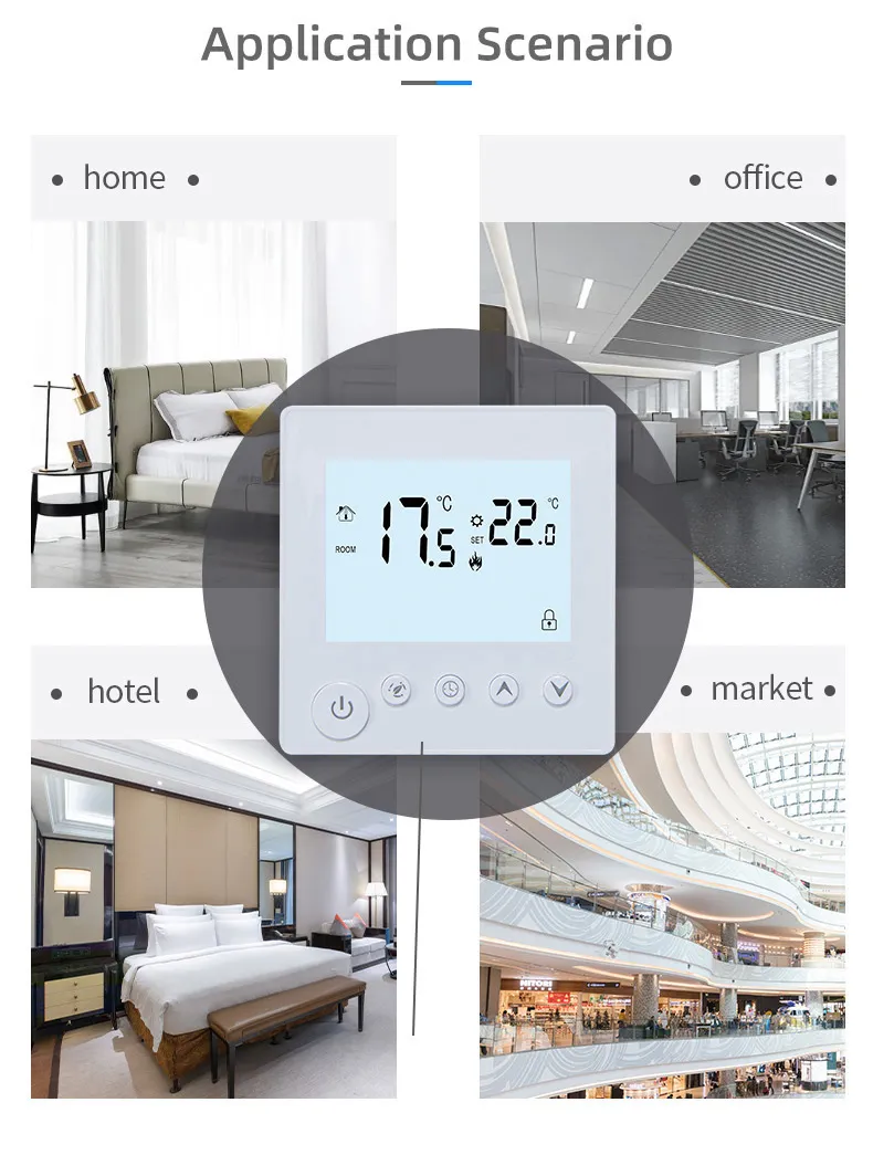SunAura K1 thermostat application scenarios — home, office, hotel and market