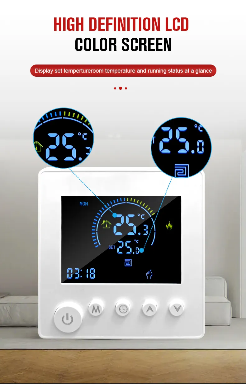 K1M high definition LCD colour screen showing room temperature and set temperature