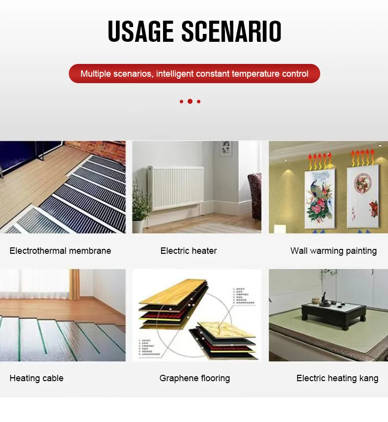 K1M usage scenarios — heating film, heater, wall panel, cable, graphene flooring and kang
