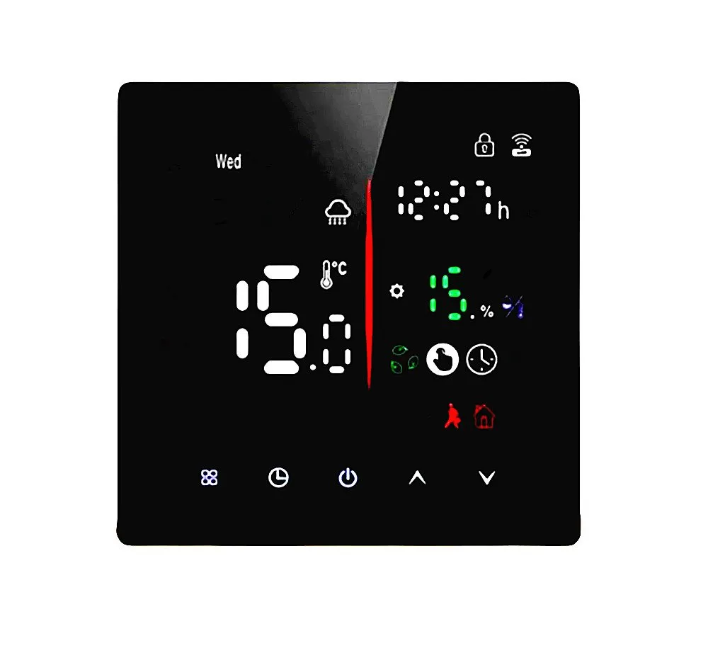 SunAura K2M WiFi smart floor heating thermostat in black and white glass finishes