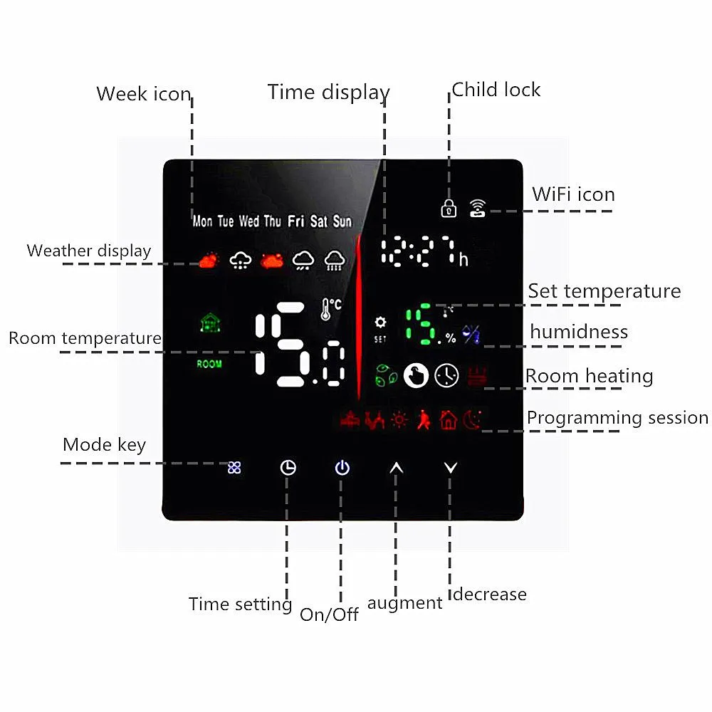 K2M LED touchscreen thermostat mounted on a living room wall with a fingertip touching the timer key