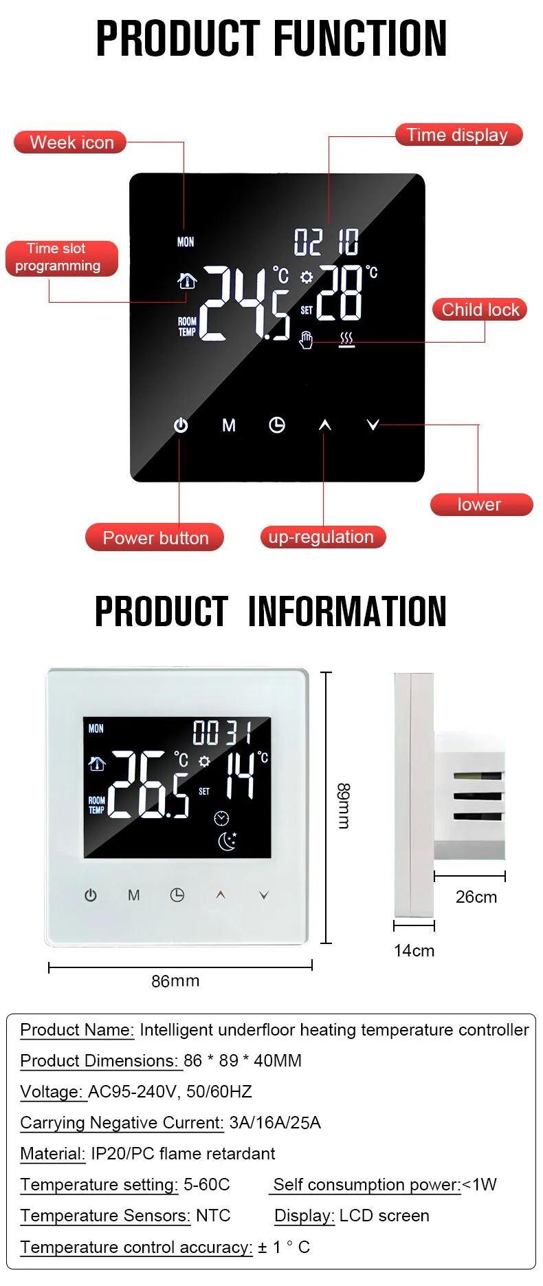 K2M thermostat display icons, dimensions and product specification table