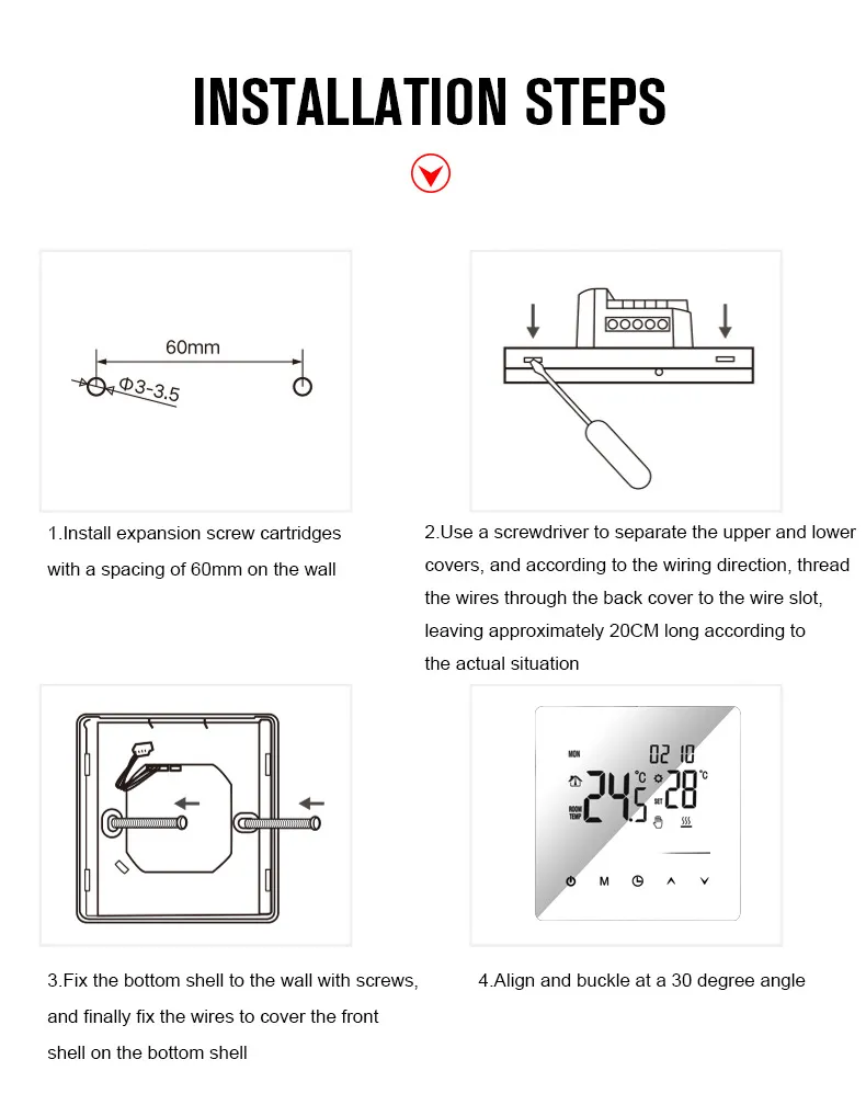K2M thermostat four-step wall installation guide