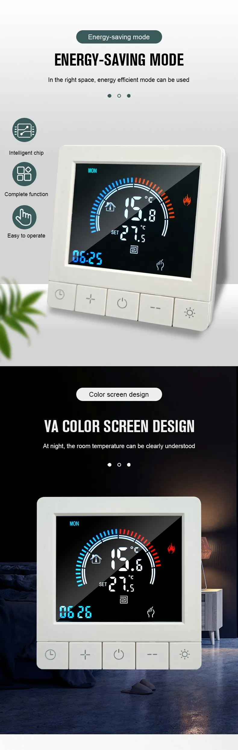 K5 energy-saving mode and VA color screen readable on a dark bedroom nightstand
