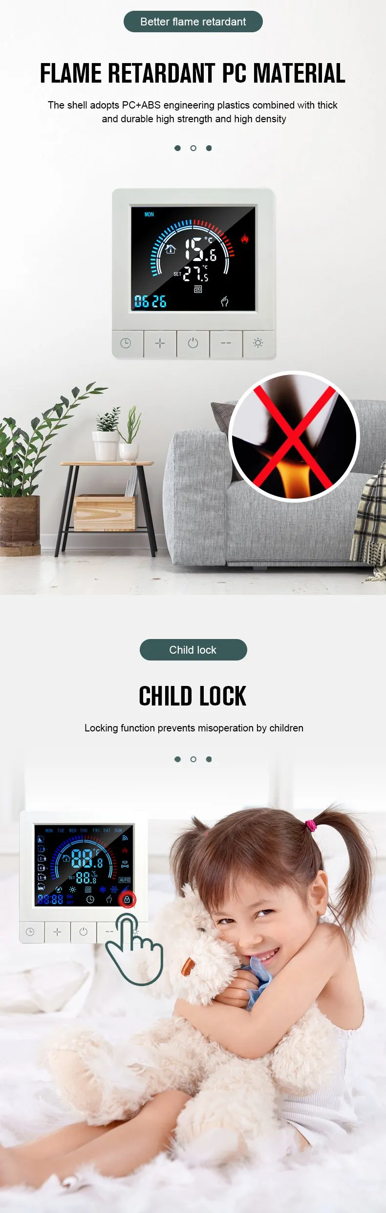 K5 housing built from flame-retardant PC+ABS engineering plastic and child-lock function