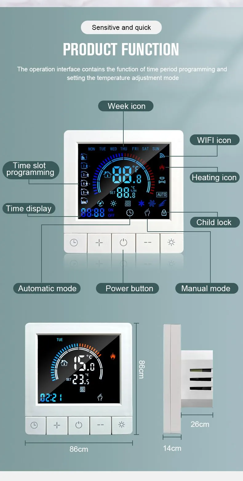 Annotated K5 display guide labeling week, WiFi, heating, time-slot programming, clock, modes, power key and child lock