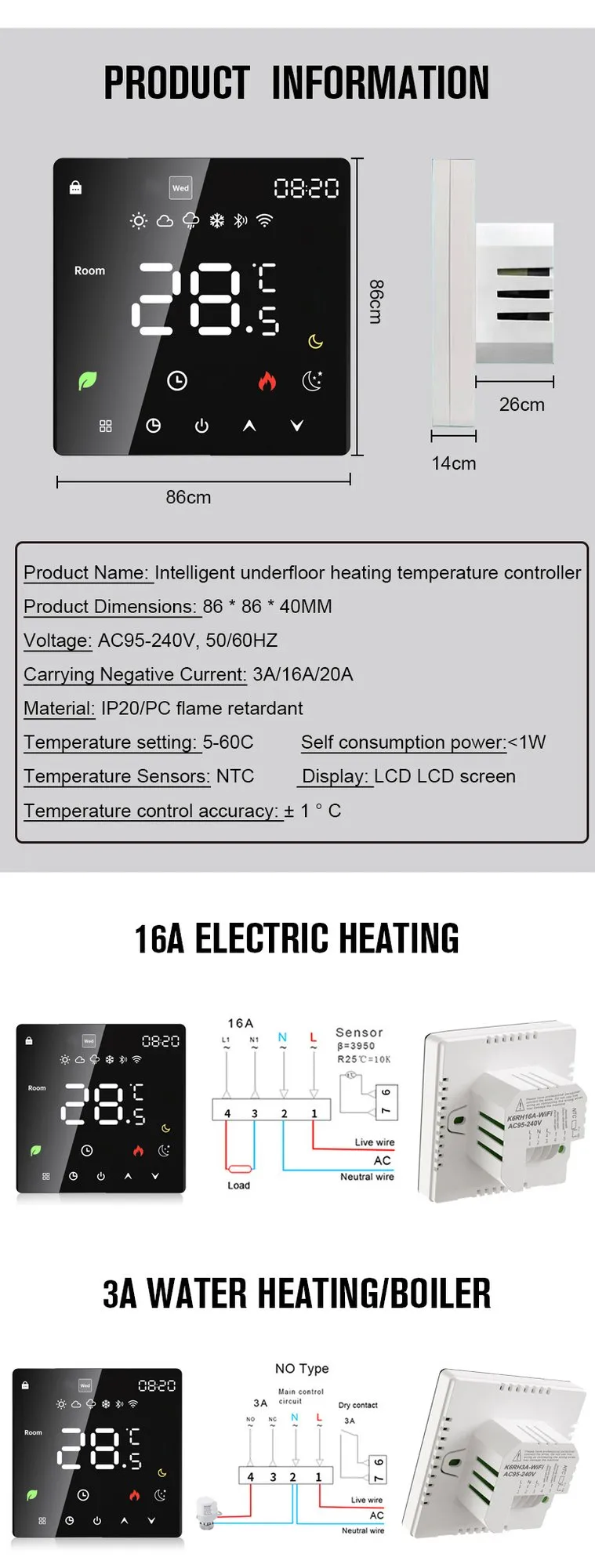 K6H product information sheet with technical specifications and 16A electric-heating and 3A boiler wiring diagrams
