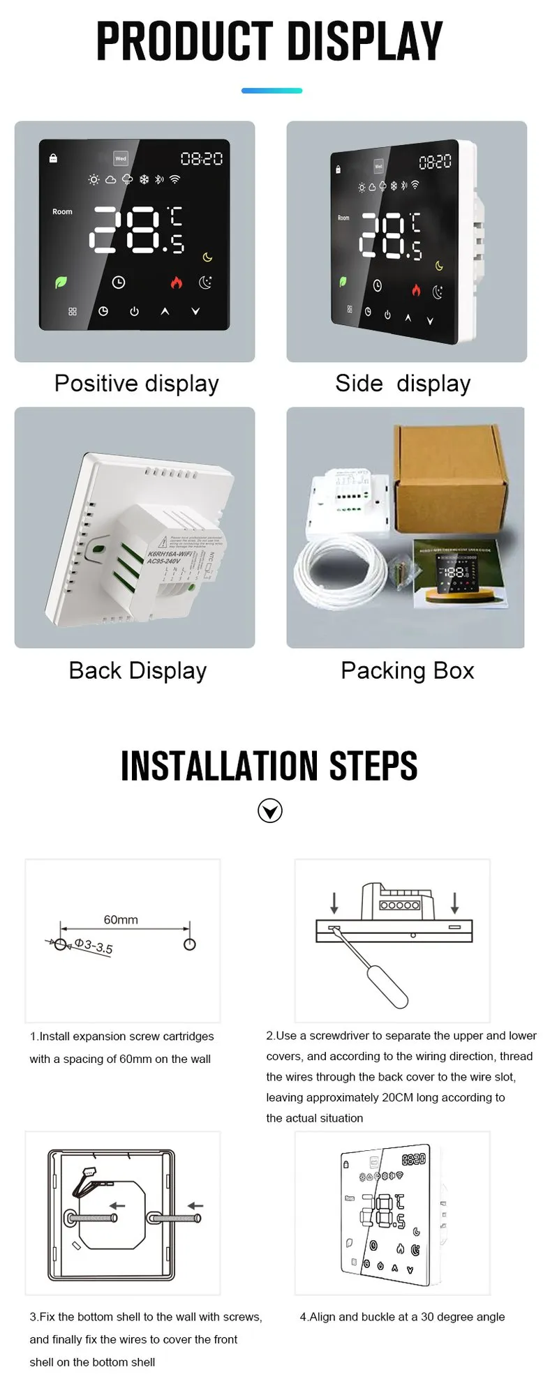 K6H front, side and rear views, packing contents and four-step wall installation guide