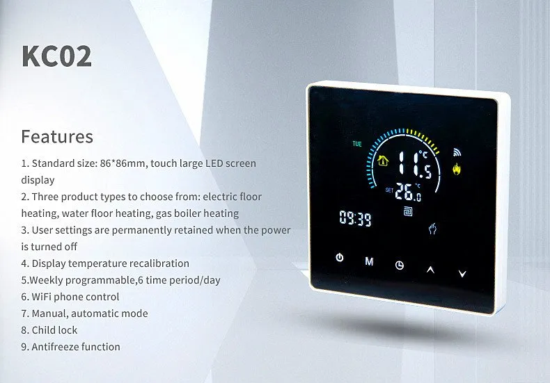 SunAura KC02 WiFi smart thermostat beside its nine listed core features on a live touchscreen