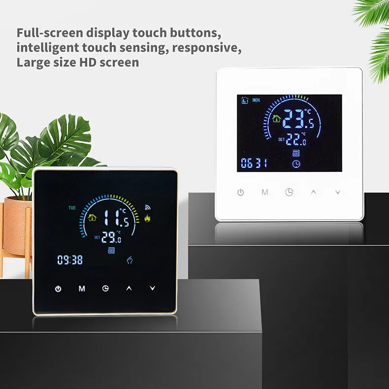 Black and white KC02 units on display shelves, showing full-screen capacitive touch buttons and HD screen