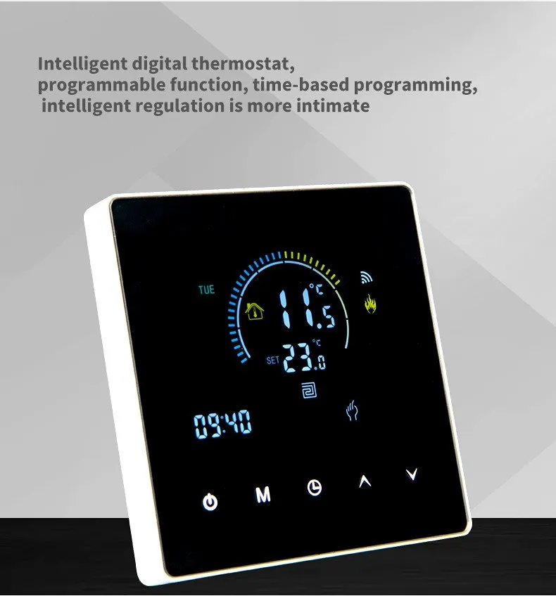Close-up of the KC02 LED display showing room temperature, setpoint, clock, Wi-Fi and heating flame icons