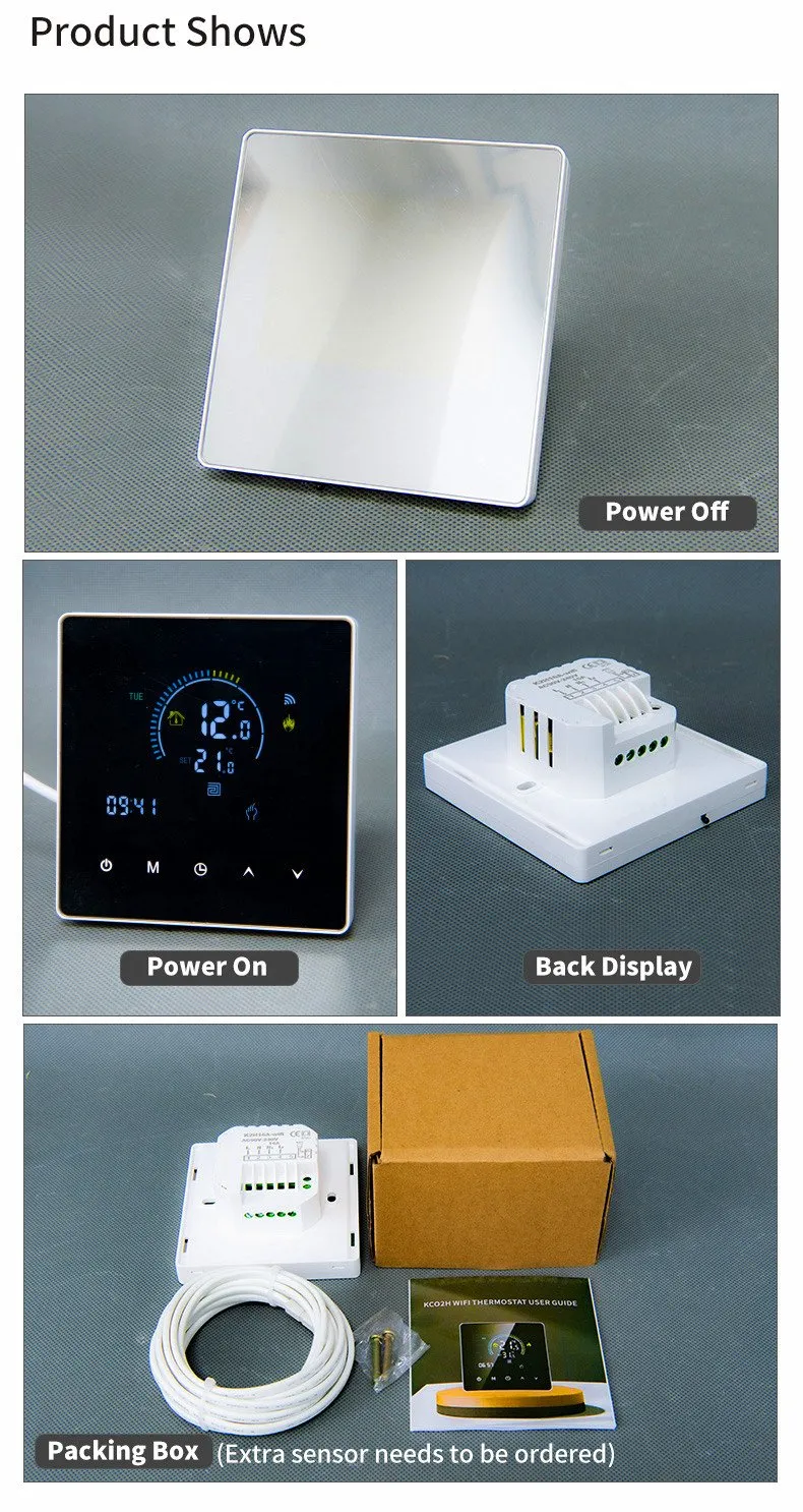 Full product set: mirror-glass off state, powered display, rear terminals, sensor cable, manual and box
