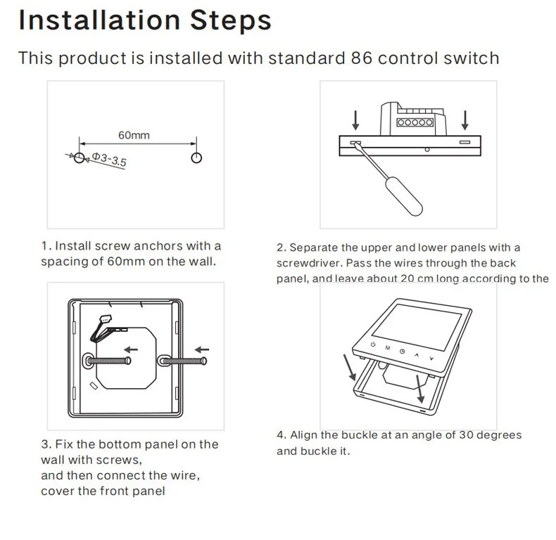 Four-step installation guide for the standard 86 mm wall box, 60 mm screw spacing and 30-degree buckle