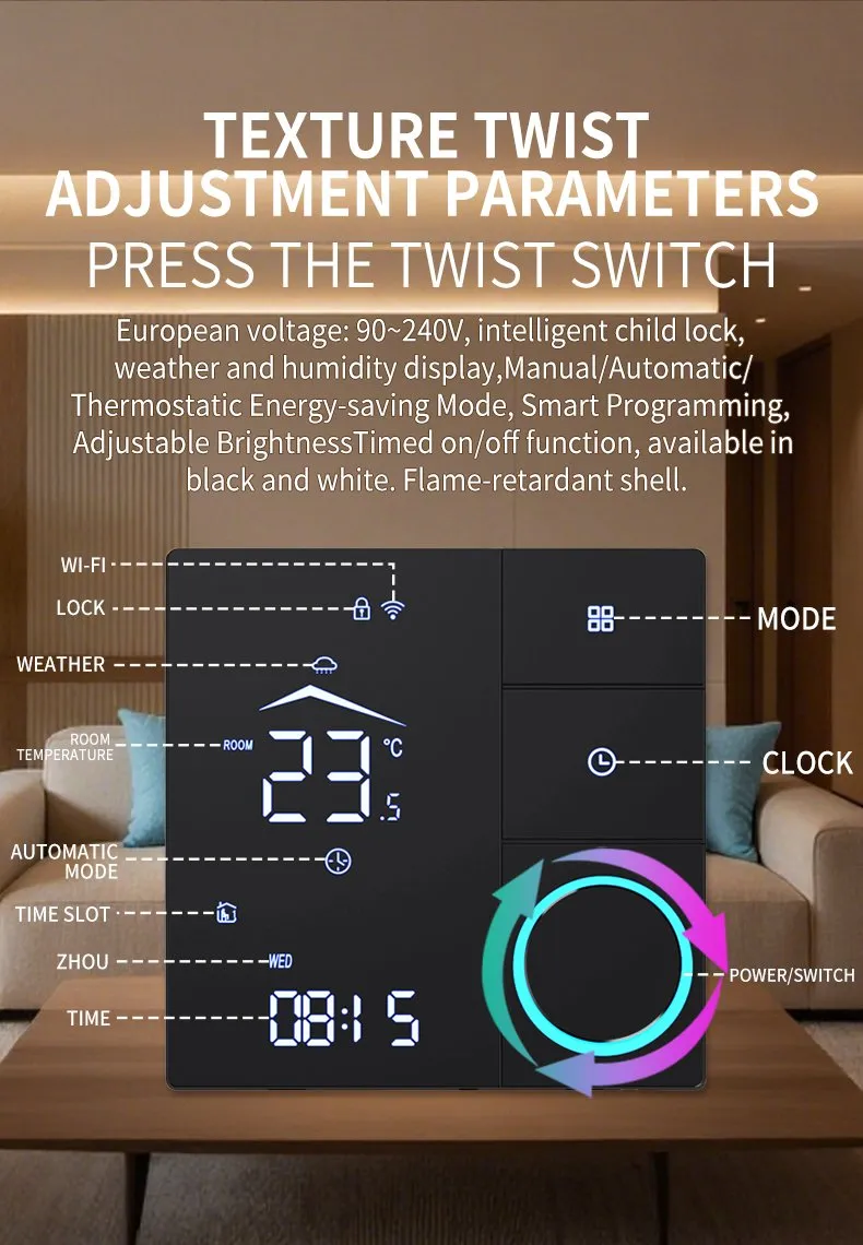 Labeled LED display of the black SunAura knob thermostat pointing out screen icons