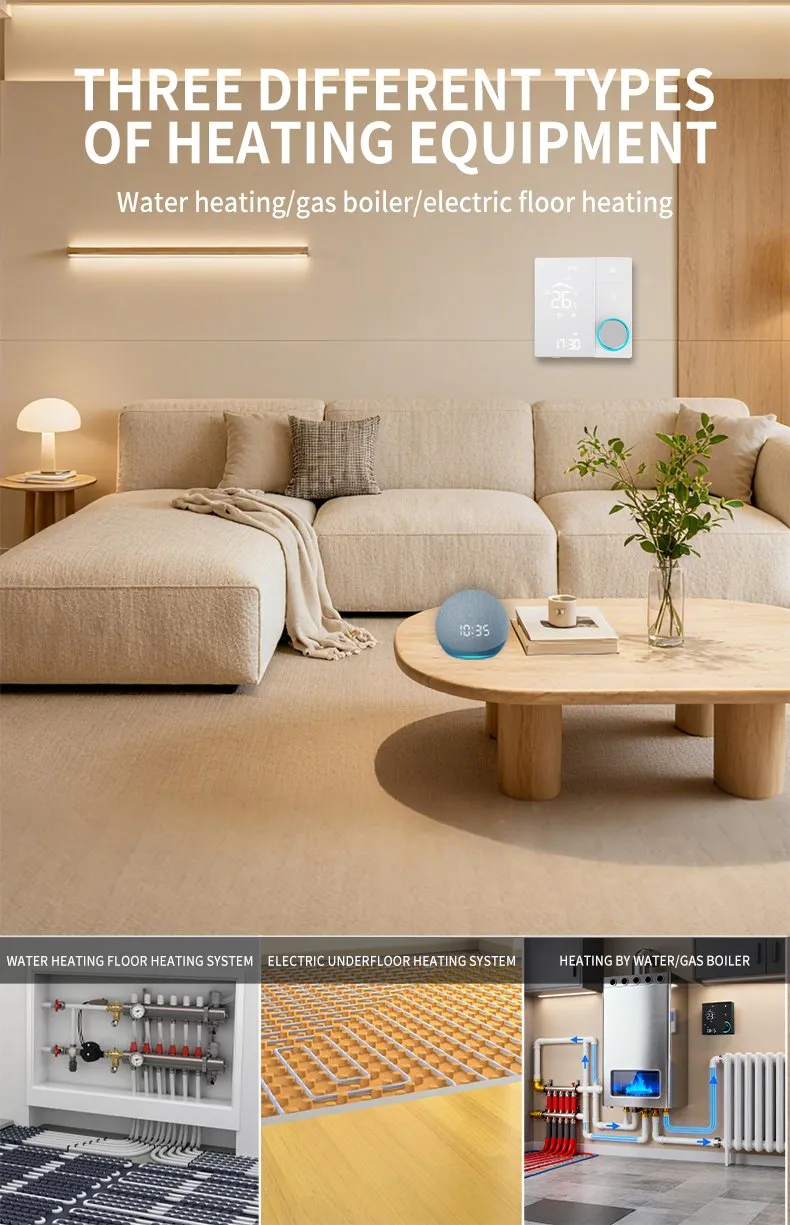 Three compatible heating systems controlled by the SunAura knob thermostat