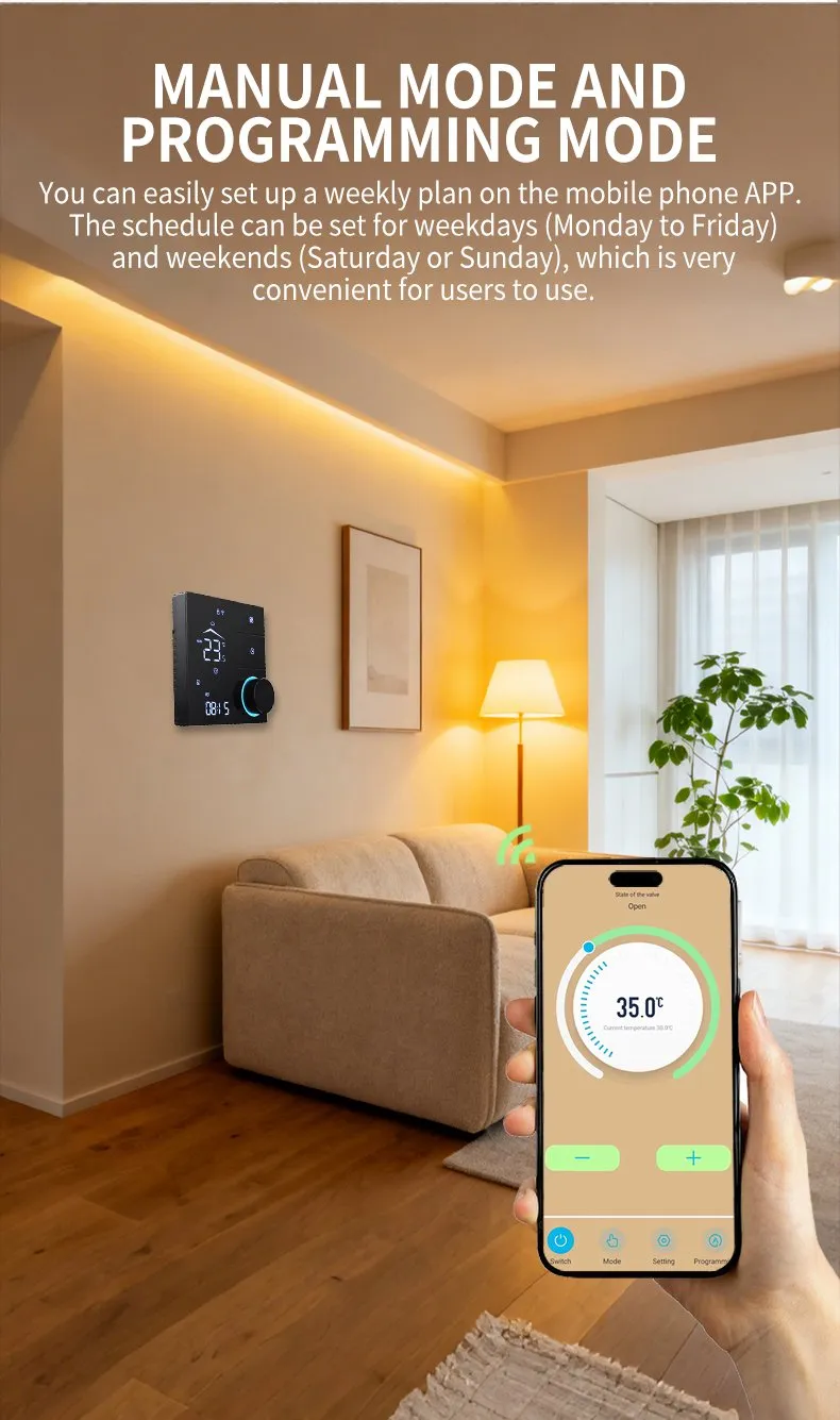 Smartphone app control of the SunAura knob thermostat showing valve state and weekly schedule