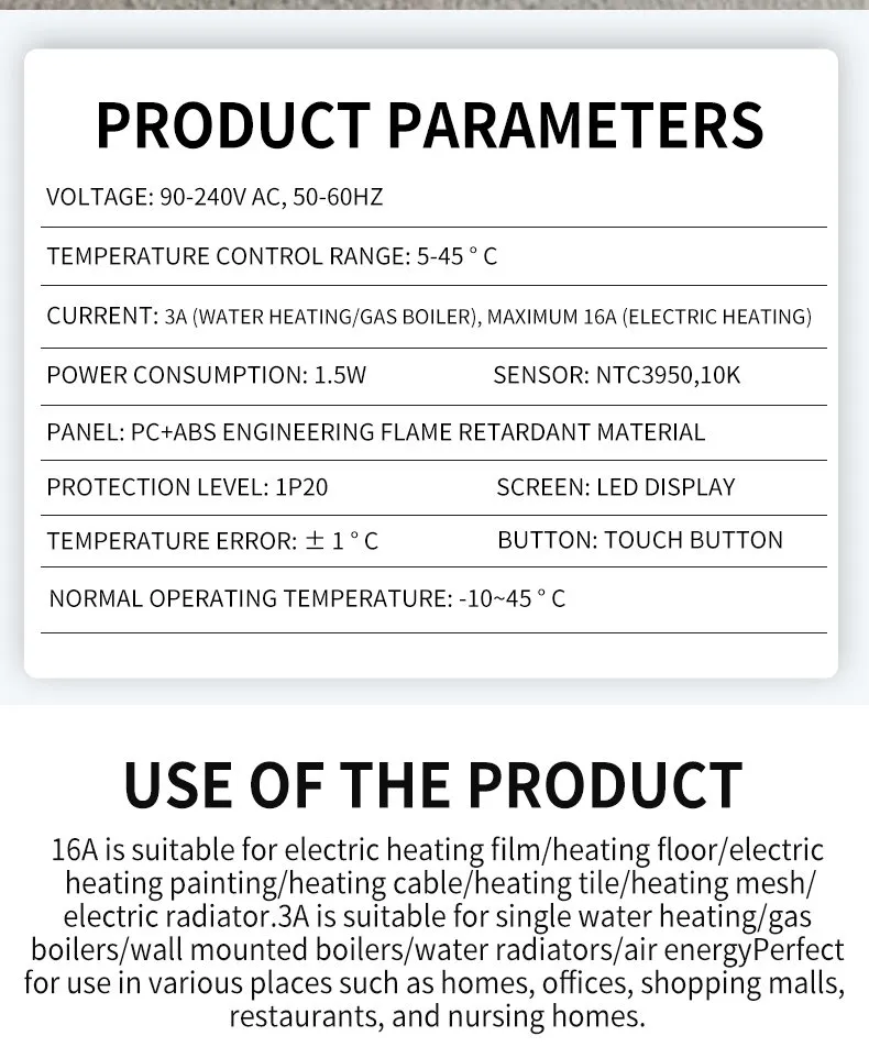 Product parameter table of the SunAura WiFi smart knob thermostat