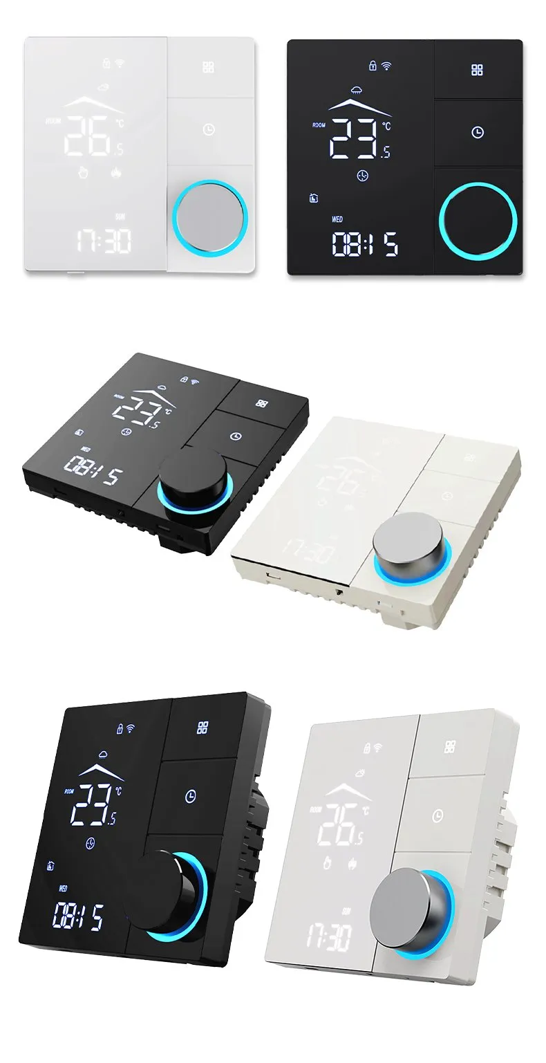 Front and angled renders of the SunAura knob thermostat in black and white finishes