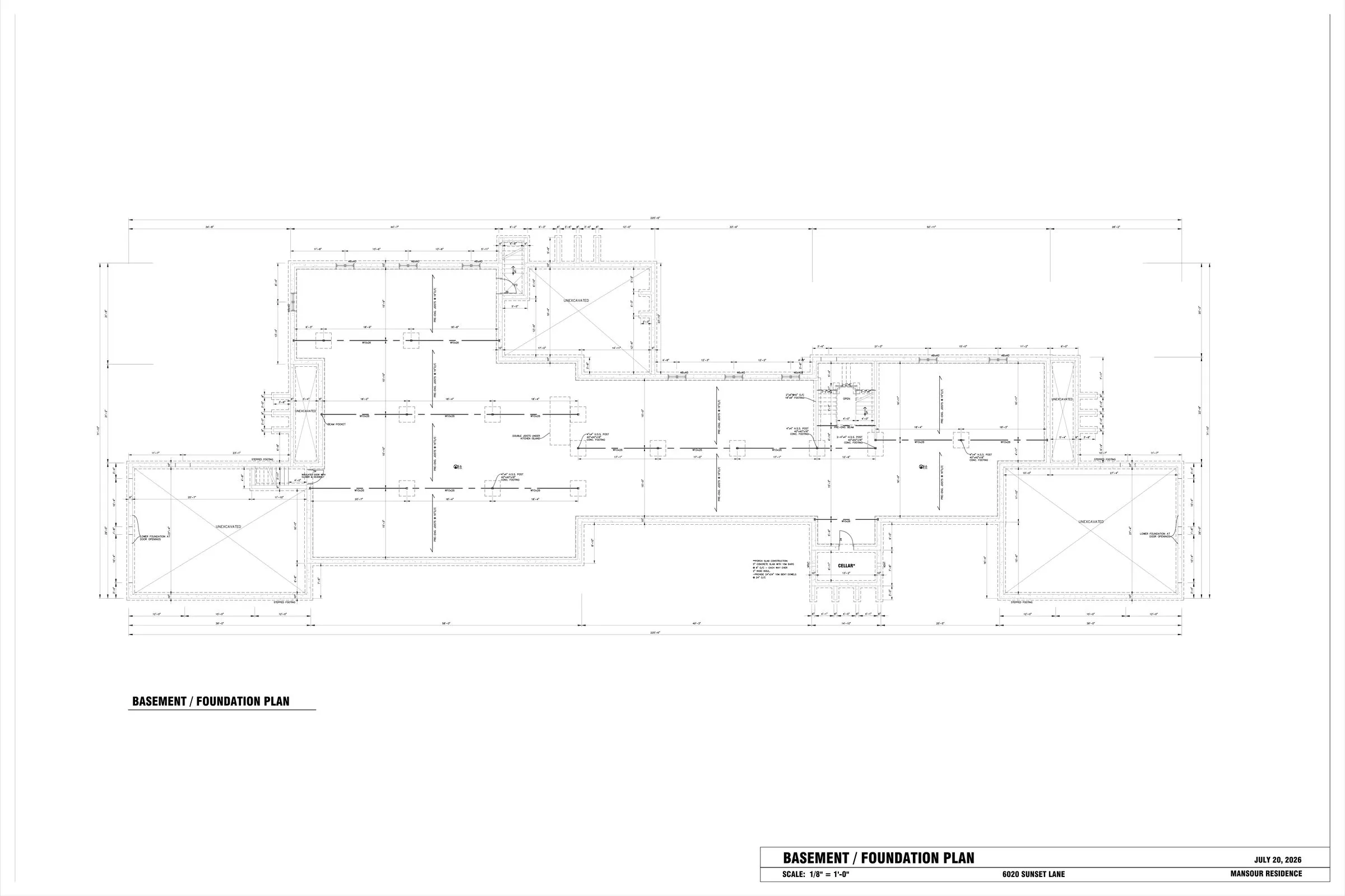 Basement and foundation plan of Mansour Residence showing crawl spaces and cellar for heating cable planning
